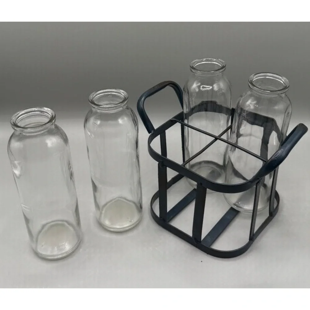 Farmhouse Glass Milk Bottle Set with Metal Wire Carrier Caddy 4 Piece‎ Clear